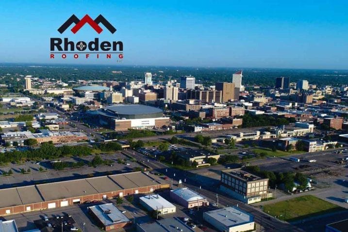 Aerial view of downtown Wichita Kansas taken from UAV drone - Rhoden Roofing